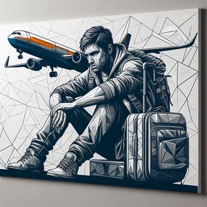 Image of a wall art with a boy on a plane unhappy on his way home